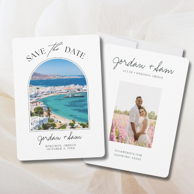 Invitation Mykonos Grèce Mariage Sauver la date (Mykonos Greece Wedding Photo Save the Date with Engagement picture)