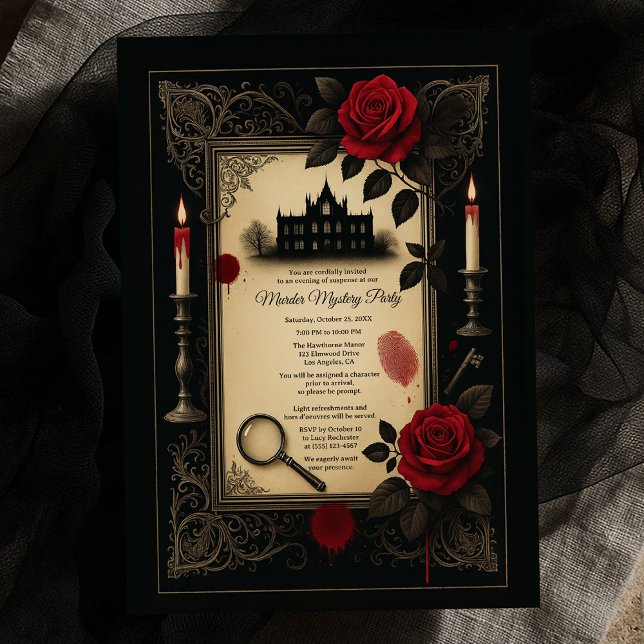 Invitation Mystère de meurtre au manoir de la rose rouge goth (Gothic Red Rose Murder Mystery Mansion Party Invitation
)