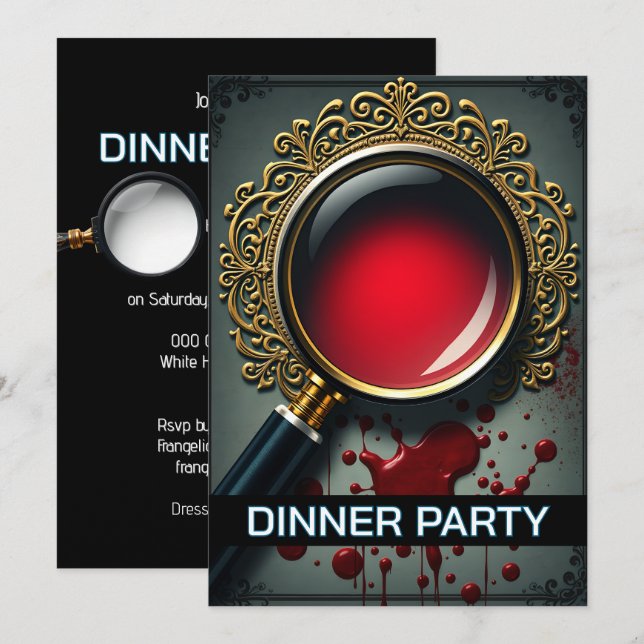 Invitation Mystère loupe indices de verre dîner soirée (Devant / Derrière)