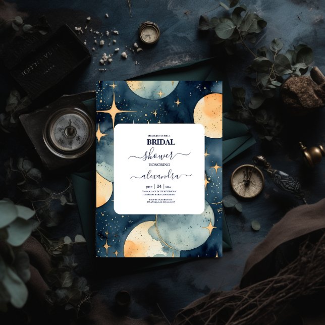 Invitation Mystic Midnight Blue et Gold Watercolor Bride (Créateur téléchargé)