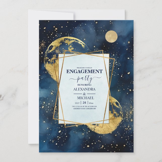 Invitation Mystic Midnight Blue Gold Fiançailles (Devant)