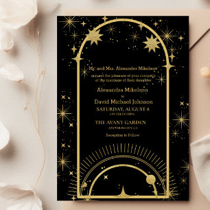 Invitation Mystical Black Gold Celestial Stars Mariage 