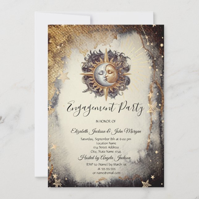 Invitation Mystical Gold Stars Moon Sun Dark (Devant)