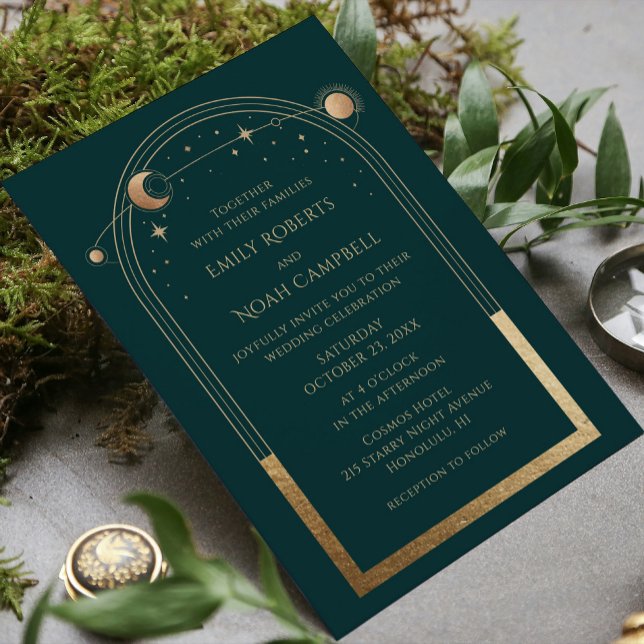 Invitation Mystical Green Gold Sun Moon Stars Mariage photo (Créateur téléchargé)