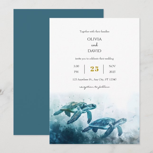 Invitation Mystical Moonlight Blue Sea Turtle Love Mariage (Devant / Derrière)