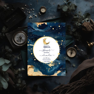 Invitation Mystique Bleu Minuit et Or Aquarelle de Mariage