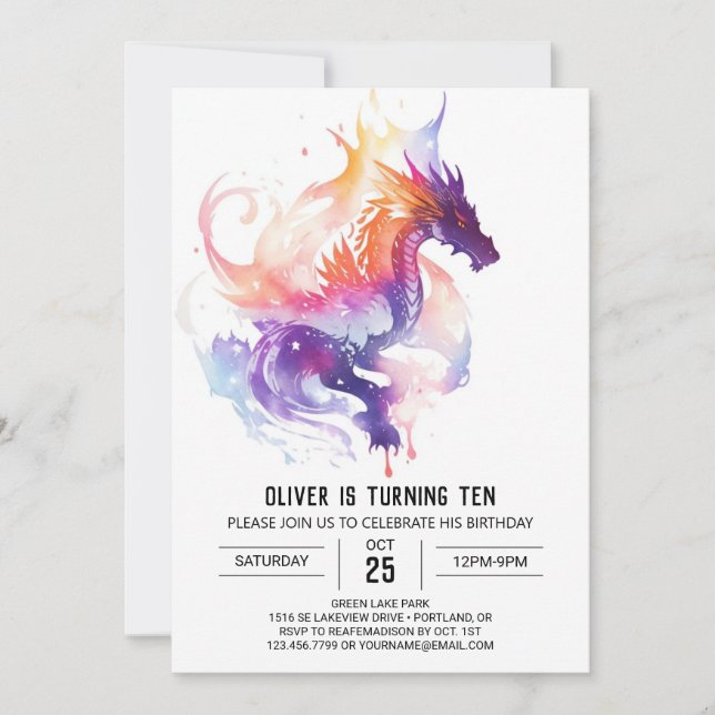 Invitation Mythique Aquarelle Enfants Dragon Anniversaire (Devant)