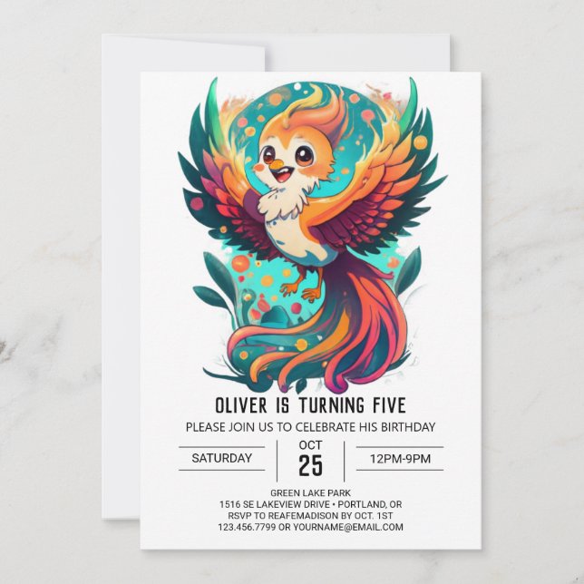 Invitation Mythique Oiseau Magique Whimsical Phoenix Annivers (Devant)