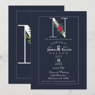 Invitation N Monogramme Initiale Moderne Bleu Floral Mariage