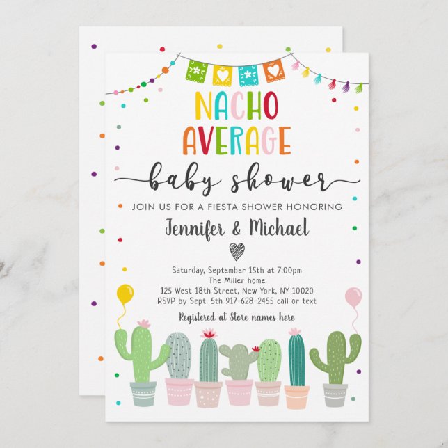 Invitation Nacho Baby shower moyen Cactus Fiesta (Devant / Derrière)