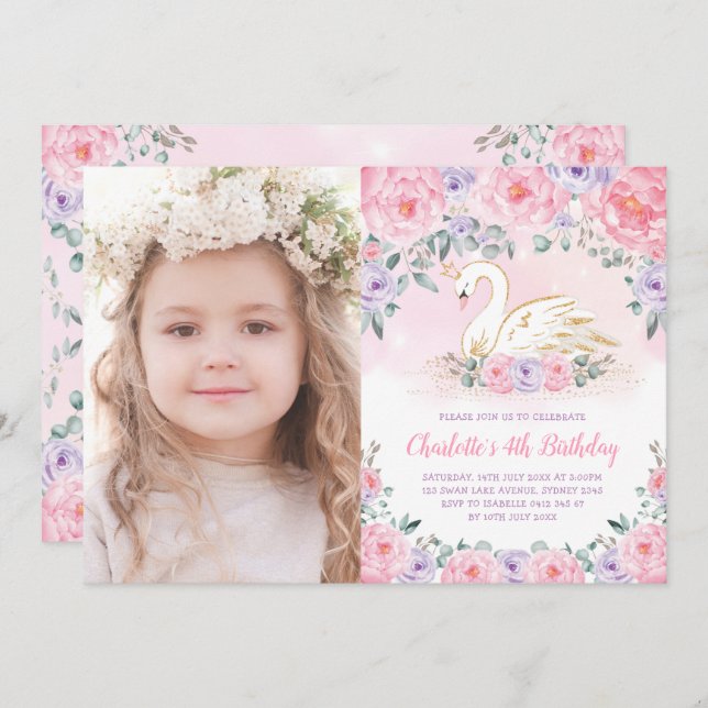 Invitation Naissance de la princesse cygne rose violette (Devant / Derrière)