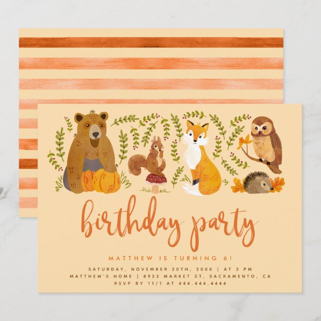 Invitation Naissance des animaux de la forêt boisée d'aquarel (Devant / Derrière)