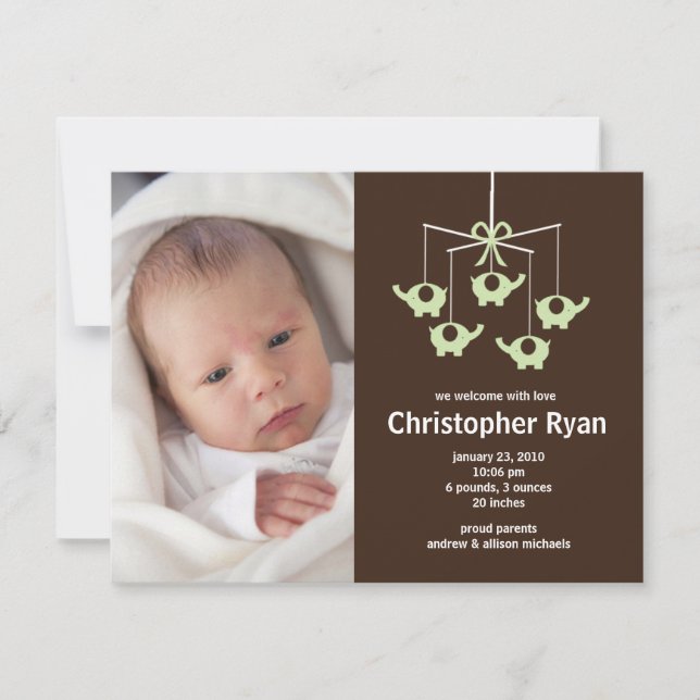 Invitation Naissance verte Annoucement de bébé d'éléphants (Devant)