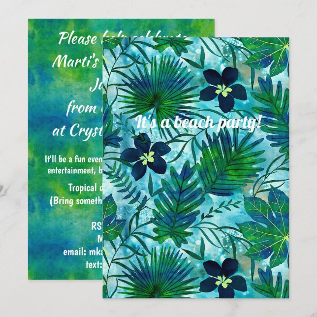 Invitation Nalani Hawaiian Tropical Garden Turquoise (Devant / Derrière)