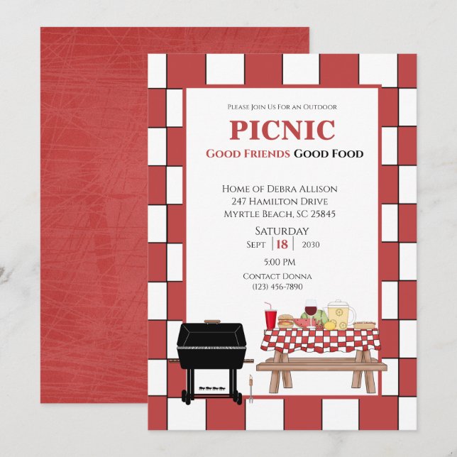 Invitation Nappe rouge Pique-nique BBQ Barbecue extérieur   (Devant / Derrière)