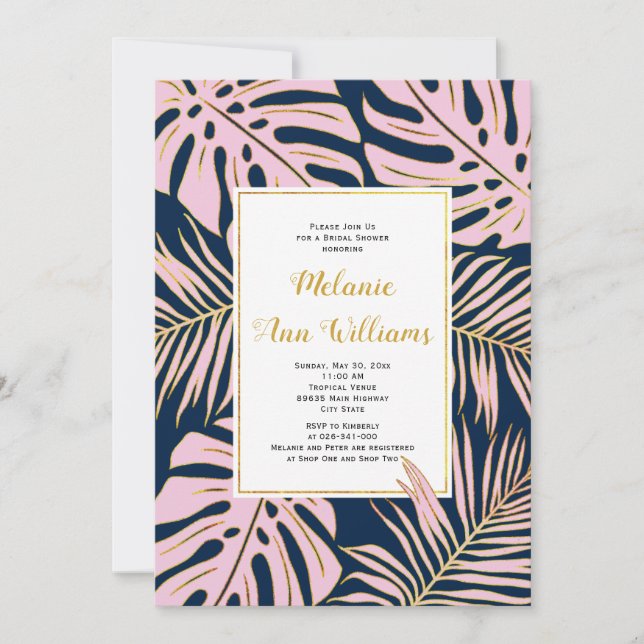Invitation Nappe tropicale rose marine mariage douche nuptial (Devant)
