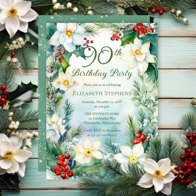 Invitation Narcissus | Holly Floral 90th Birthday Party  (Narcissus, Holly and Berries Winter Floral 90th Birthday Party Invitation - Print | Digital)