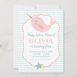 Invitation Narwal rose pastel pour anniversaire