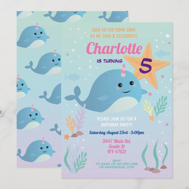 Invitation Narwhal Birthday Party Pool Plage Nage Narwhal (Devant / Derrière)