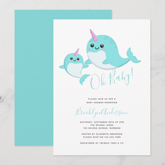 Invitation Narwhal Oh Baby Sexe Baby shower neutre (Devant / Derrière)