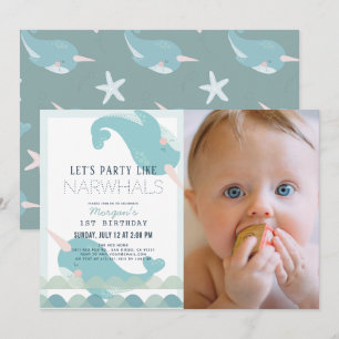 Invitation Narwhal Waves Sea Blue Boy 1er Birthday Photo