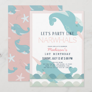 Invitation Narwhal Waves Sea Rose Girl 1er anniversaire