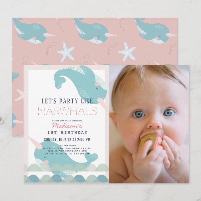 Invitation Narwhal Waves Sea Rose Girl 1er anniversaire Photo (Devant / Derrière)