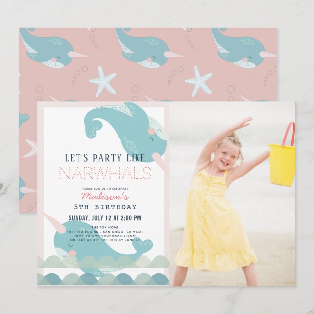 Invitation Narwhal Waves Sea Rose Girl Anniversaire Photo Inv (Devant / Derrière)