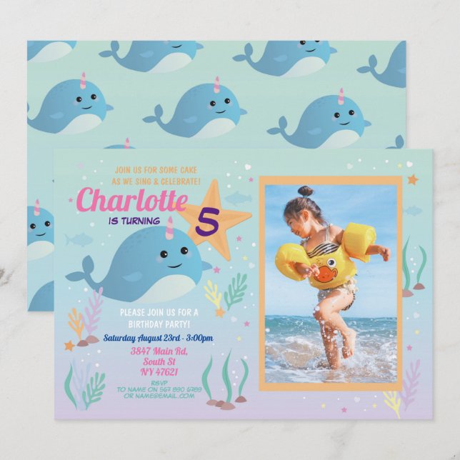 Invitation Narwhale Anniversal Party Pool Beach Photo Narwhal (Devant / Derrière)
