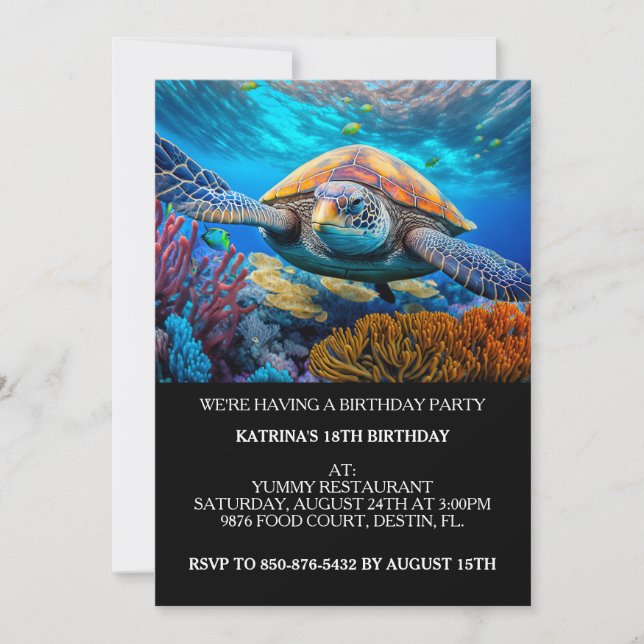 Invitation Natation Tortue de mer Anniversaire Fête Invitatio (Devant)