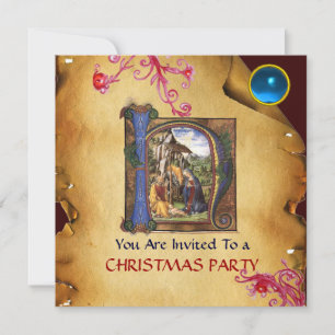 Invitation NATIVITY MONOGRAM CHRISTMAS PARCHMENT Blue Gem