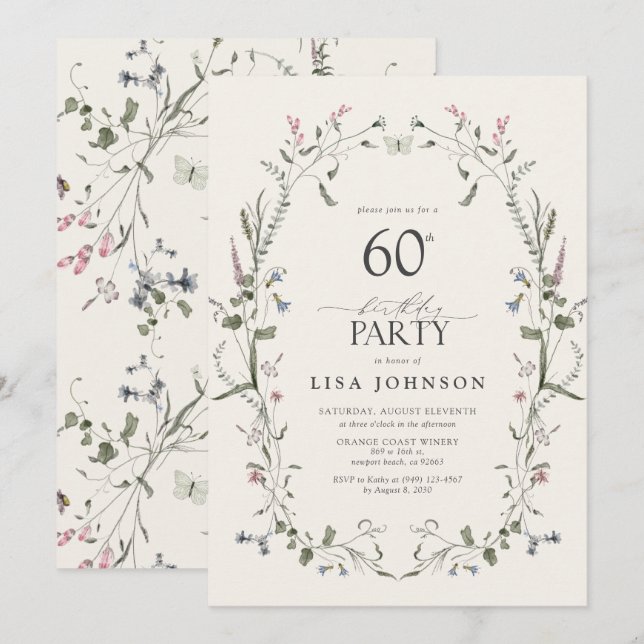 Invitation Nature Floral 60e anniversaire de fête aquarelle (Devant / Derrière)