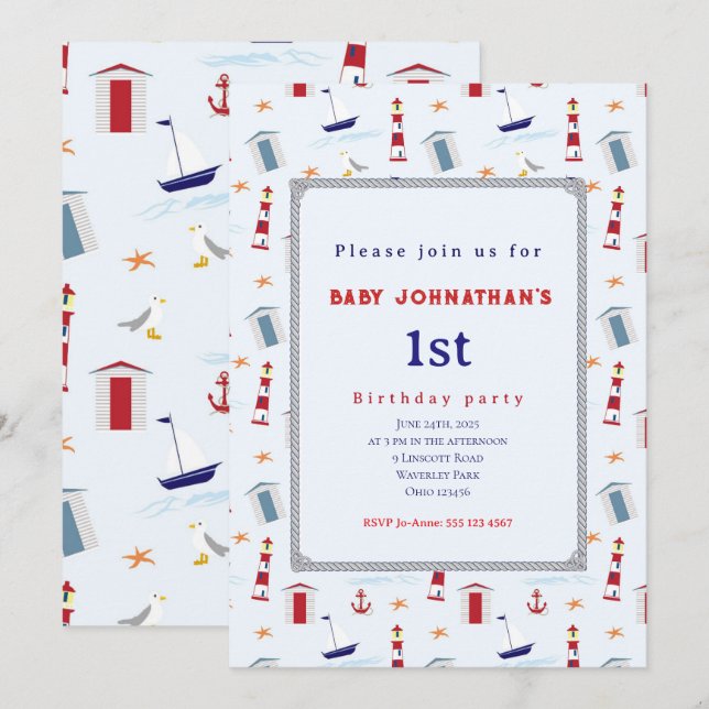 Invitation Nautical 1st Birthday Sailboat Birthday Party (Devant / Derrière)