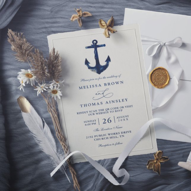 Invitation Nautical Anchor Blue Modern Chic QR Code Wedding (Créateur téléchargé)