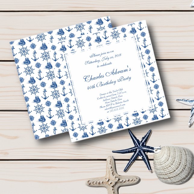Invitation Nautical Birthday Party Ancre bleue et blanche (All texts are fully customizable.)