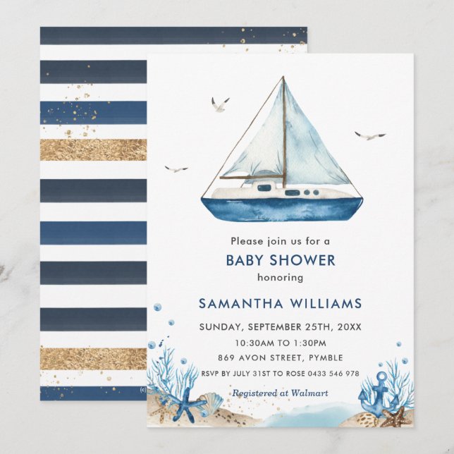 Invitation Nautical Blue Boat Baby Shower (Devant / Derrière)