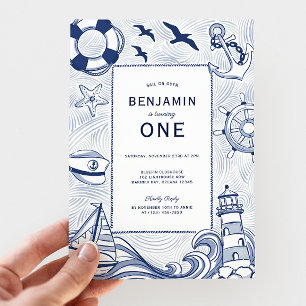 Invitation Nautical Blue Sailboat Lighthouse 1er anniversaire