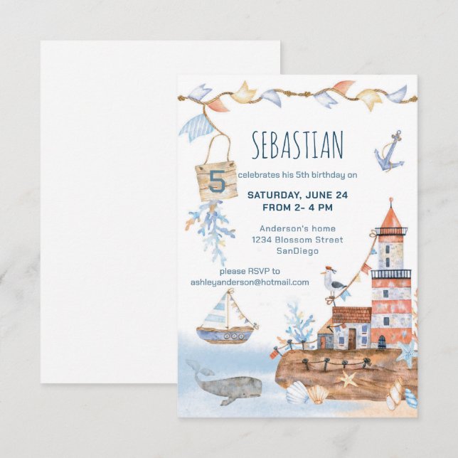 Invitation Nautical Boat Lighthouse Anniversaire (Devant / Derrière)