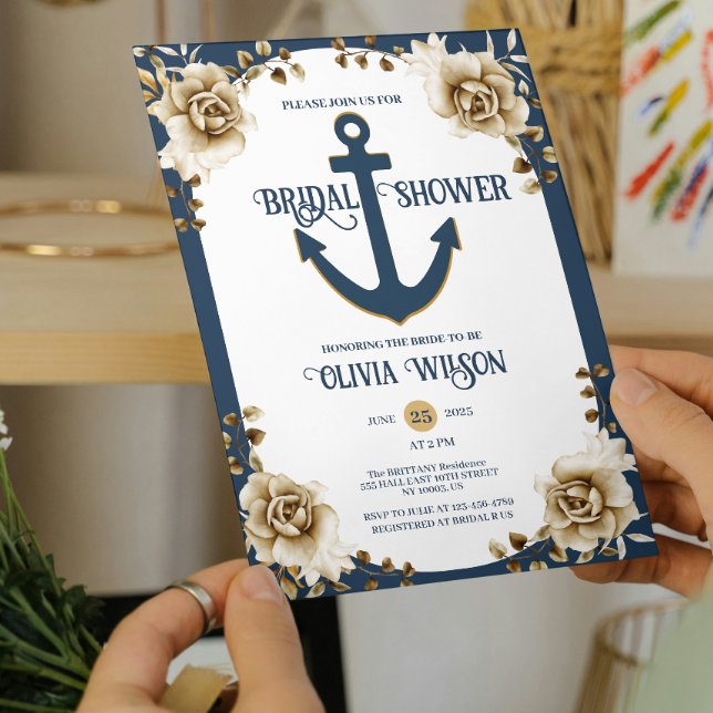Invitation Nautical Bridal Shower Anchor Blue Gold Floral  (nautical bridal shower anchor navy blue Gold seaside bridal showers, yacht parties,  bride to be)