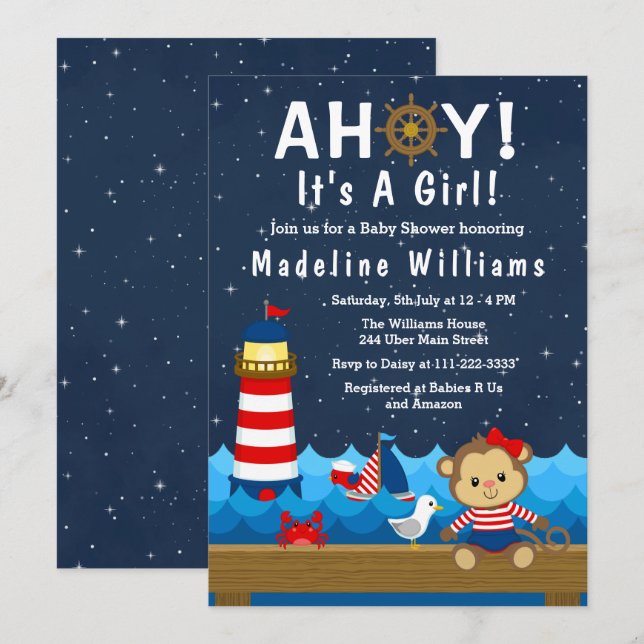 Invitation Nautical Girl Monkey Rouge et Baby shower de marin (Devant / Derrière)