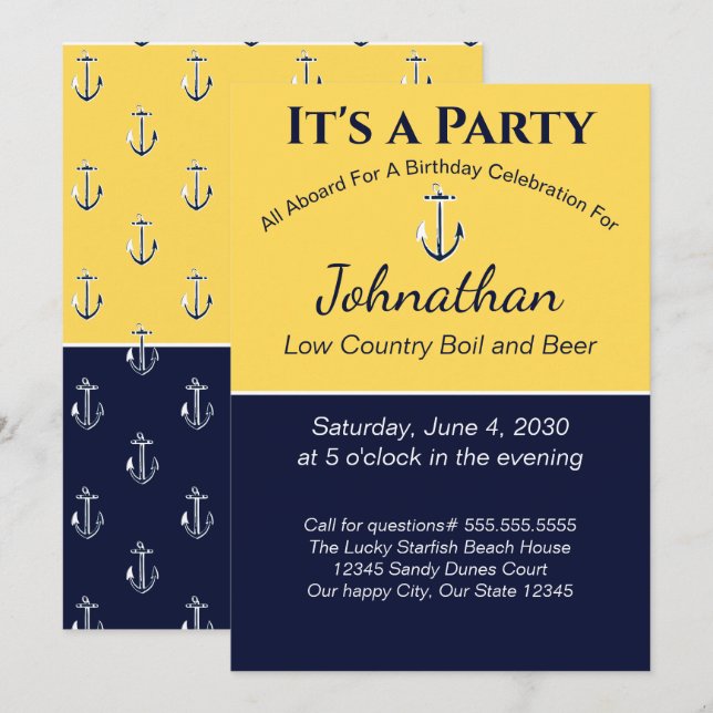 Invitation Nautical Navy Bleu Jaune Ancre fête d'anniversaire (Devant / Derrière)