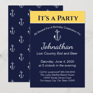 Invitation Nautical Navy Bleu Jaune Ancre fête d'anniversaire