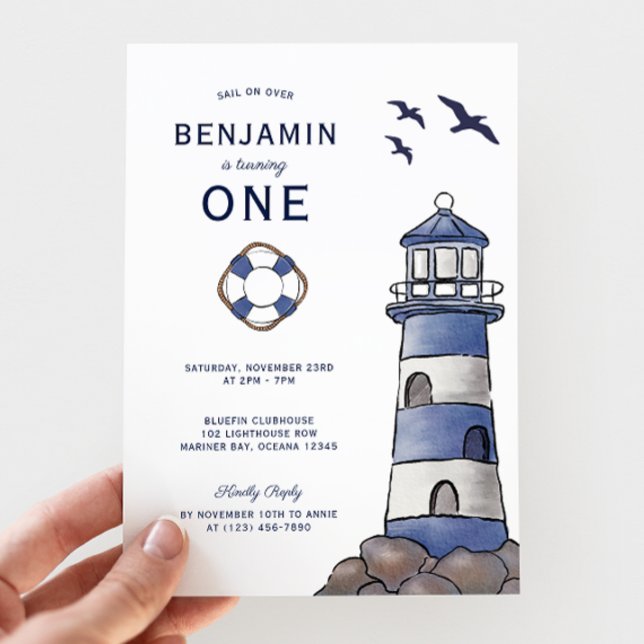 Invitation Nautical Navy Blue Lighthouse Costal 1st Birthday (Créateur téléchargé)