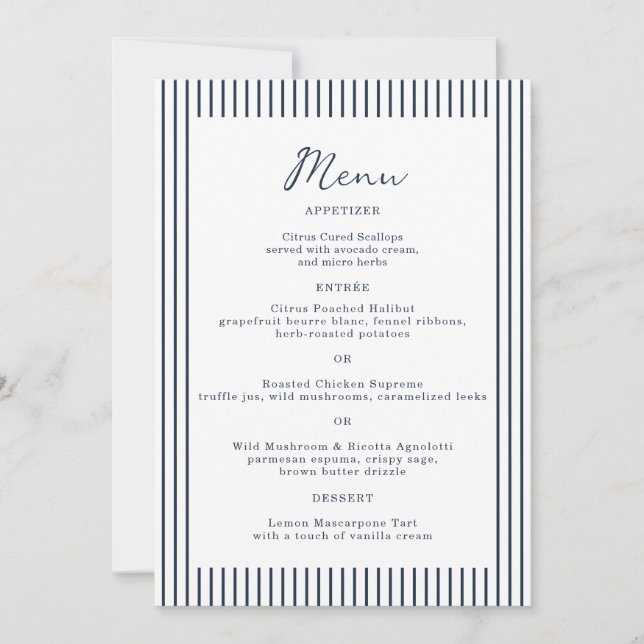 Invitation Nautical Navy Stripe Monogram Wedding Menu Card (Devant)