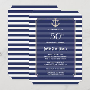 Invitation Nautical Navy Stripes Silver 50e fête d'anniversai