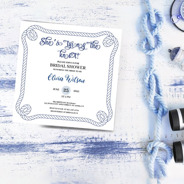 Invitation Nautical Rope she’s Tying the Knot  Bridal Shower  (nautical bridal shower invitations anchor summer beach rope ocean wedding beach theme simple minimal)