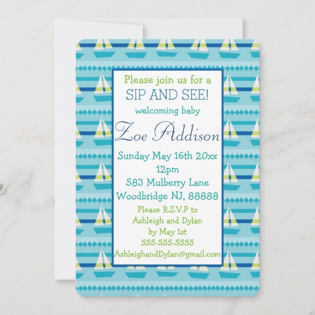 Invitation Nautical Sailboat bébé Sip and See (Devant)