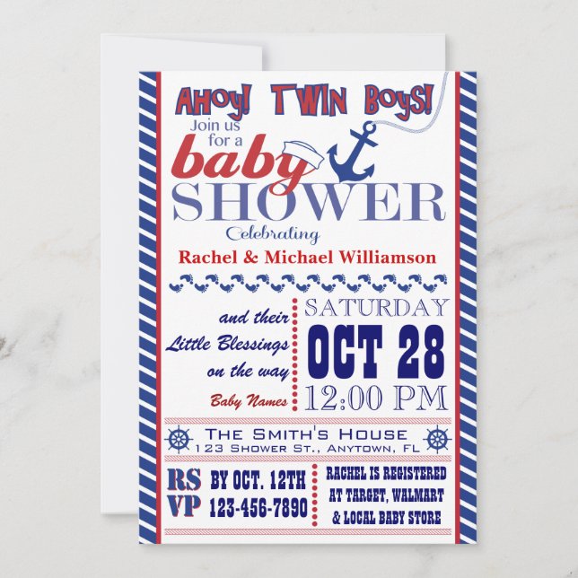 Invitation Nautical Twin Baby Boy Shower (Devant)