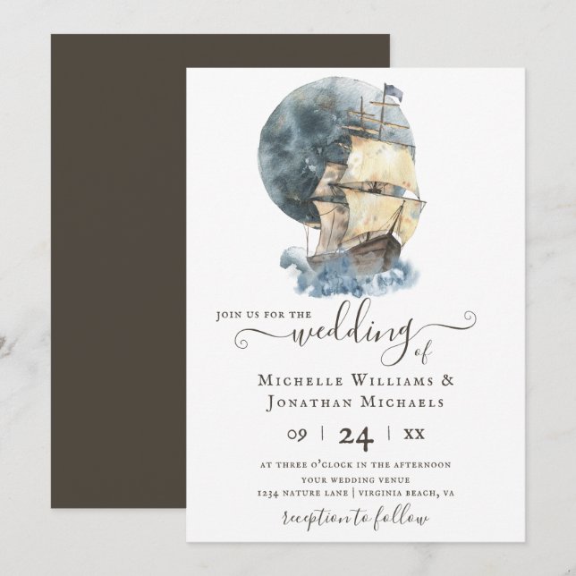 Invitation Nautique Aquarelle Navire Voile Plage Mariage (Devant / Derrière)