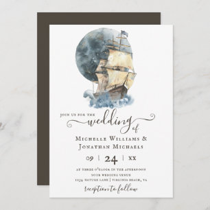 Invitation Nautique Aquarelle Navire Voile Plage Mariage